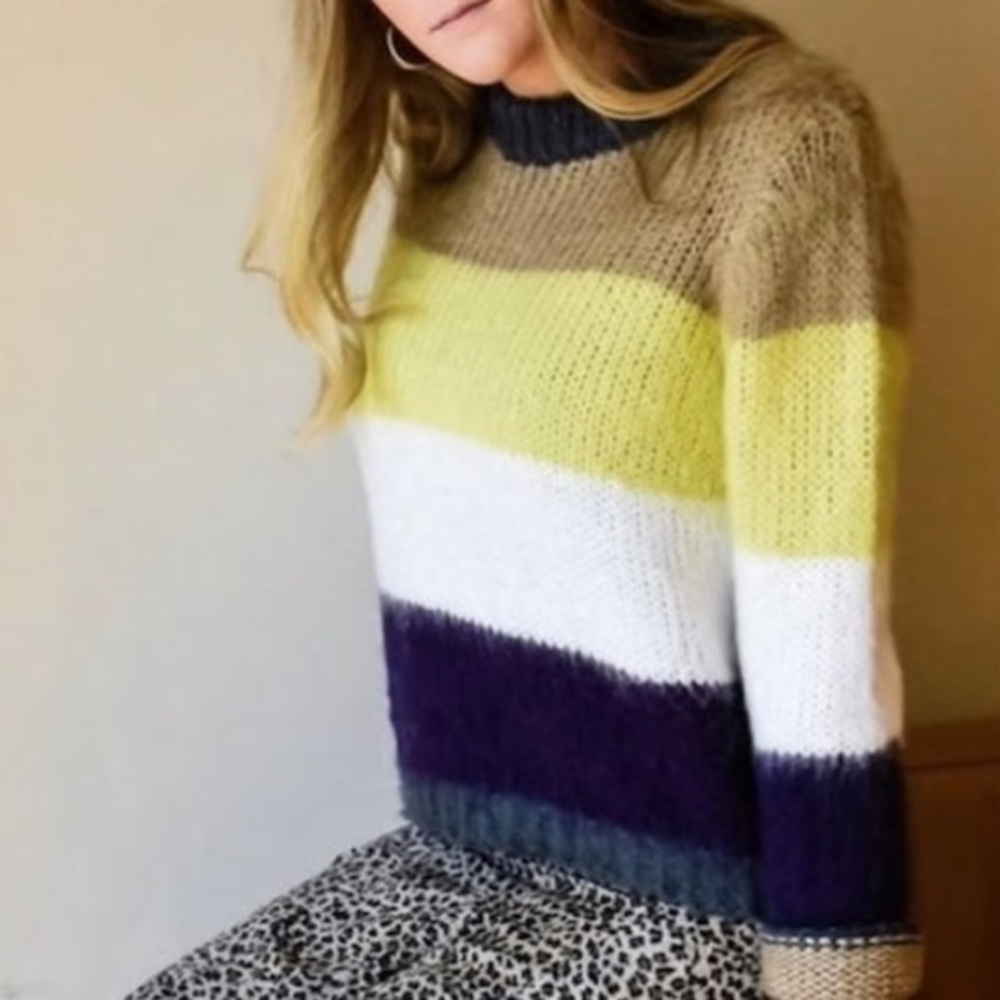 🍵🐠Cloth striped sweater loose weave gray tan neon yellow green white violet